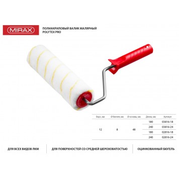 03816-24 | Валик малярный 240 мм, d=48 мм, ворс 12 мм, ручка d=8 мм, MIRAX POLYTEX PRO-1