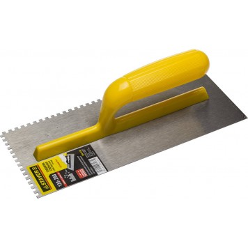 08012-04 | 120х280 мм, 4х4 мм, гладилка штукатурная зубчатая стальная с пластиковой ручкой, STAYER-0