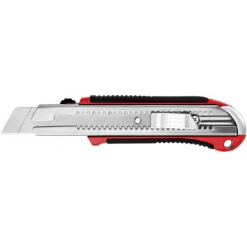 09185 | Нож с выдвижным сегментированным лезвием, металлический обрезиненный корпус, автостоп, сталь У8А, 25мм, URAGAN-0