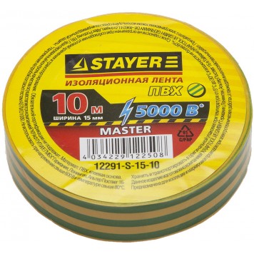 12291-S-15-10 | Изолента, ПВХ, 5000 В, 15мм х 10м, желто-зеленая, STAYER MASTER-0