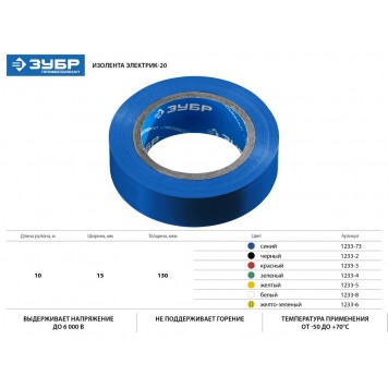 1233-3_z02 | Изолента ПВХ, не поддерживает горение, 10м (0,13х15мм), красная, ЗУБР ЭЛЕКТРИК-10-1