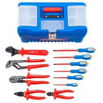 2214-H12_z01 | Набор: Губцевый инструмент, диэлектрический, высоковольтный до ~1000В, маслобензостойкая рукоятка, 12предм, ЗУБР ПРОФЕССИОНАЛ-1