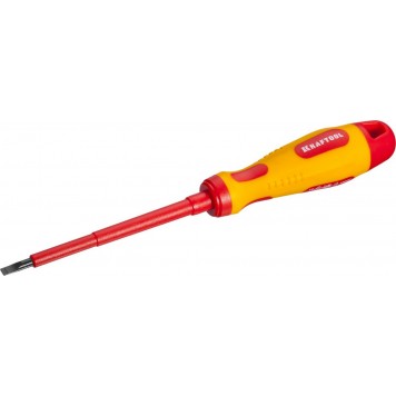 250083-4.0-100 | Отвертка, высоковольтная, Cr-Mo-V стержень, двухкомпонент. маслобензостойкая рукоятка, SL, 4,0х100мм, KRAFTOOL-0