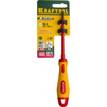 250083-4.0-100 | Отвертка, высоковольтная, Cr-Mo-V стержень, двухкомпонент. маслобензостойкая рукоятка, SL, 4,0х100мм, KRAFTOOL-4