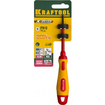 250084-0-060 | Отвертка, высоковольтная, Cr-Mo-V стержень, двухкомпонент. маслобензостойкая рукоятка, PH №0, 60мм, KRAFTOOL-4