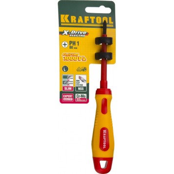 250084-1-080 | Отвертка, высоковольтная, Cr-Mo-V стержень, двухкомпонент. маслобензостойкая рукоятка, PH №1, 80мм, KRAFTOOL-4