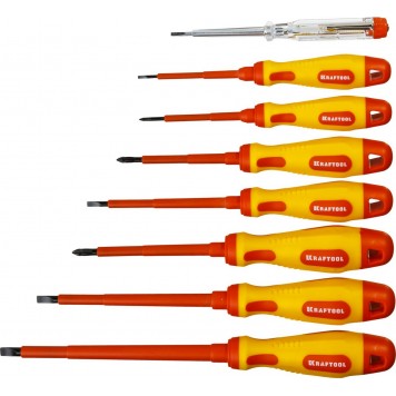 250088-H8 | Набор высоковольтных отверток, SL: 2,5, 4; 5,5; 6,5, PH: № 0, 1, 2, пробник, до 1000В, KRAFTOOL Х-DRIVE ELECTRO-0