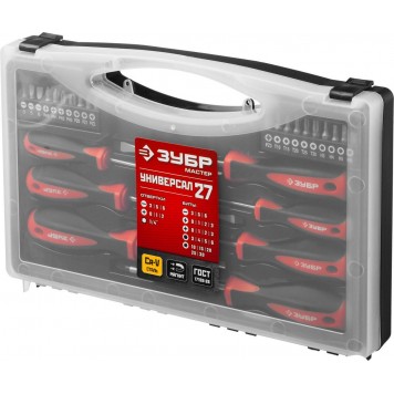 25027 | Набор "Универсал 27": Отвертки с битами, Cr-V сталь, эргономичная двухкомп. рукоятка, магнитный наконечник, в кейсе, 27 предметов, ЗУБР МАСТЕР-4