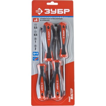 25065-H4_z02 | Набор: Отвертки, Cr-v, эргономичная двухкомпонентная рукоятка, 4шт, ЗУБР МАСТЕР-1
