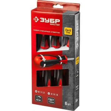 25066 | Набор: Отвертки слесарные, Cr-V сталь, эргономичная двухкомпонентная рукоятка, магнитный наконечник, в коробке, 6 предметов, ЗУБР МАСТЕР-3