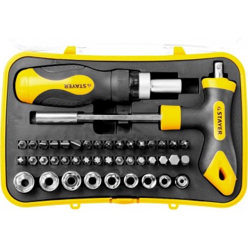 25084-H43 | Набор: Отвертка реверсивная, Т-образная отвертка-битодержатель, адаптер для торц голов, 43 предм, STAYER HERCULES-3