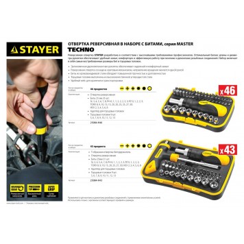25084-H46 | Набор: Отвертки, реверс отвертка, биты 35шт, адаптер для торц голов, торц голов 9шт, 46 предм, STAYER HERCULES-1