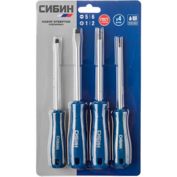 25084 | Набор: Отвертки с закаленным стержнем, маслобензостойкая рукоятка, в блистере, 4 предмета, СИБИН-1