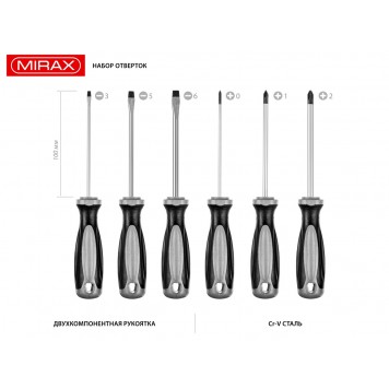 25186 | Набор отверток, закаленный стержень, двухкомпонентная рукоятка, в коробке, 6 предметов, MIRAX-1