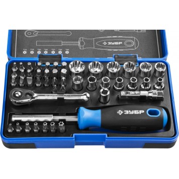 25283-H47 | Набор: Отвертка с двухкомп рукояткой, насадки и мини трещетка, 47 предм, пластиковый бокс, ЗУБР ПРОФИ-0