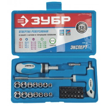 25296-H38 | Набор Отвертка реверсивная с битами и торц. головками,битодерж. с Т-образ.ручкой, Hex1/4"-SQ1/4", 38пред., ЗУБР ЭКСПЕРТ-0