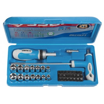25296-H38 | Набор Отвертка реверсивная с битами и торц. головками,битодерж. с Т-образ.ручкой, Hex1/4"-SQ1/4", 38пред., ЗУБР ЭКСПЕРТ-1