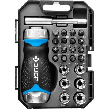 25353-H24 | Набор: Отвертка реверсив с двухкомп рукоят, насадки, CrMo, рукоят с отсеком для хранения бит, 24 предмета, ЗУБР ПРОФЕССИОНАЛ-0