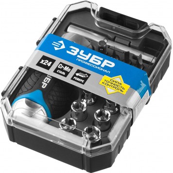 25353-H24 | Набор: Отвертка реверсив с двухкомп рукоят, насадки, CrMo, рукоят с отсеком для хранения бит, 24 предмета, ЗУБР ПРОФЕССИОНАЛ-2