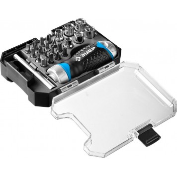 25353-H24 | Набор: Отвертка реверсив с двухкомп рукоят, насадки, CrMo, рукоят с отсеком для хранения бит, 24 предмета, ЗУБР ПРОФЕССИОНАЛ-3