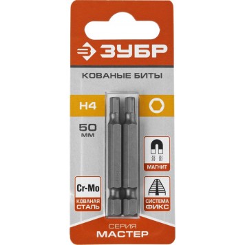 26007-4-50-2 | Биты тип хвостовика E 1/4", 50мм, HEX4, 2шт, ЗУБР МАСТЕР-2