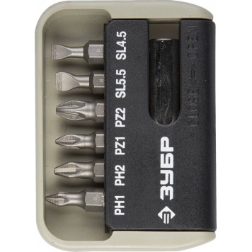 26040-H7 | Набор: Биты с магнитным адаптером, хромомолибденовая сталь S2, PH1, PH2, PZ1, PZ2, SL4,5, SL5,5, 7 пред, ЗУБР-0