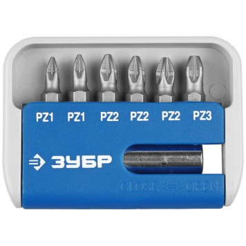 26042-H7 | Набор: Биты с магнитным адаптером, хромомолибденовая сталь S2, PZ1(2шт), PZ2(3шт), PZ3(1шт), 7 пред, ЗУБР-0