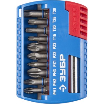 26051-H11 | Набор: Биты с магнитным адаптером, Cr-Mo, PH1, PH2, PH3, PZ1, PZ2, PZ3, TORX 15,20,25,30, 11 предметов, ЗУБР-0