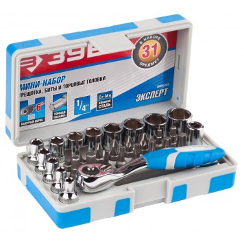 26054-H31 | Набор : Биты 16шт,торцов головки с мини трещоткой 12шт,адаптер для бит SQ 1/4"хHex 1/4",удлинит 1/4"/80мм, ЗУБР ЭКСПЕРТ-1