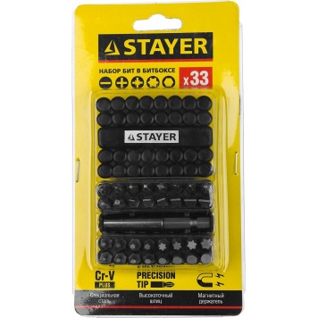 26085-H33 | Набор : Биты Cr-V, с магнитным адаптером, в ударопрочном держателе, 33 предмета, STAYER MASTER-2
