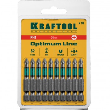 26122-1-50-10 | Биты, PH1, 50 мм, тип хвостовика E 1/4", 10 шт в блистере, KRAFTOOL OPTIMUM LINE-4