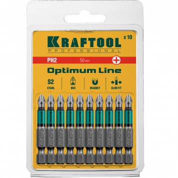 26122-2-50-10 | Биты, PH2, 50 мм, тип хвостовика E 1/4", 10 шт в блистере, KRAFTOOL OPTIMUM LINE-4