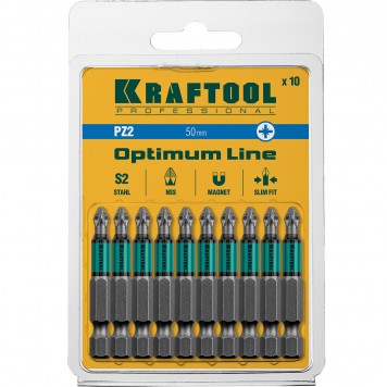 26124-2-50-10 | Биты, PZ2, 50 мм, тип хвостовика E 1/4", 10 шт в блистере, KRAFTOOL OPTIMUM LINE-4