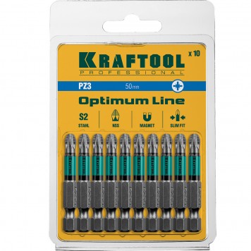 26124-3-50-10 | Биты, PZ3, 50 мм, тип хвостовика E 1/4", 10 шт в блистере, KRAFTOOL OPTIMUM LINE-4