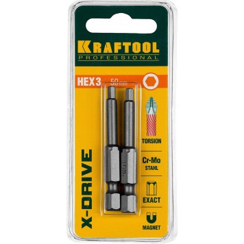 26127-3-50-2 | Биты торсионные кованые, обточенные, Cr-Mo сталь, тип хвостовика E 1/4", HEX3, 50мм, 2шт, KRAFTOOL X-DRIVE-3