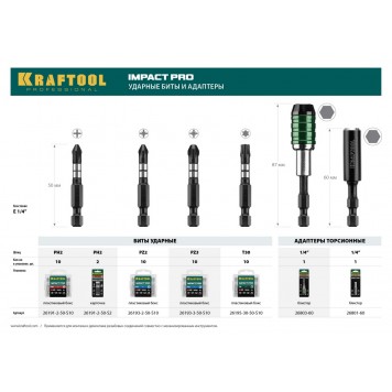 26191-2-50-S2 | Биты, тип хвостовика E 1/4", PH2, 50мм, 2шт, на карточке, KRAFTOOL IMPACT PRO-4