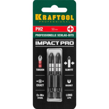26191-2-50-S2 | Биты, тип хвостовика E 1/4", PH2, 50мм, 2шт, на карточке, KRAFTOOL IMPACT PRO-5