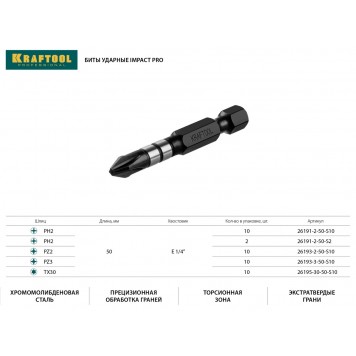 26193-3-50-S10 | Биты, тип хвостовика E 1/4", PZ3, 50мм, 10шт, в пластиковом боксе, KRAFTOOL IMPACT PRO-1