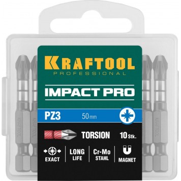 26193-3-50-S10 | Биты, тип хвостовика E 1/4", PZ3, 50мм, 10шт, в пластиковом боксе, KRAFTOOL IMPACT PRO-5