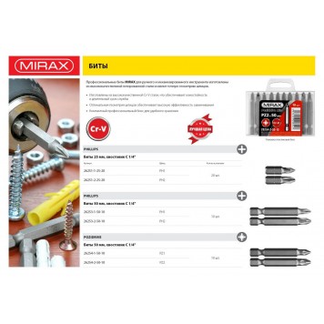 26251-2-25-20 | Биты PH№2, тип хвостовика C 1/4", длина 25мм, 20шт, MIRAX-1