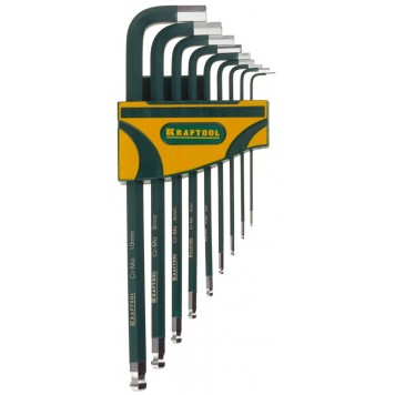 27445-H9 | Набор ключей имбусовых длинные,шарик,Cr-Mo сталь(S2),хром покрыт с противоск напыл,HEX1,5-10мм,9шт, KRAFTOOL INDUSTRIE-0
