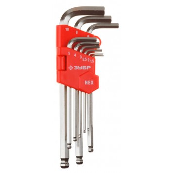 27461-2_z02 | Набор Ключи имбусовые длинные с шариком, Cr-V, сатинир. покрытие, пластик. держатель, HEX 1,5-10мм, 9 пред, ЗУБР МАСТЕР-0