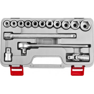 2761-20_z01 | Набор торцовых головок "Шоферский инструмент №2Д", сталь 40Х, 1/2", в пластиковом кейсе, 15 предметов, НИЗ-0