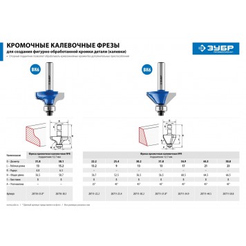 28710-38.1 | Фреза кромочная калевочная №8, D= 38,1мм, рабочая длина-15,2мм, радиус-6,3мм, хв.-8мм, d-12,7мм, ЗУБР ПРОФЕССИОНАЛ-4
