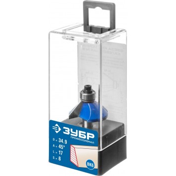 28711-34.9 | Фреза кромочная калевочная(фасочная) №9, D= 34,9мм, рабочая длина-17мм, угол наклона-45 градусов, хв.-8мм, d-12,7мм, ЗУБР ПРОФЕССИОНАЛ-5