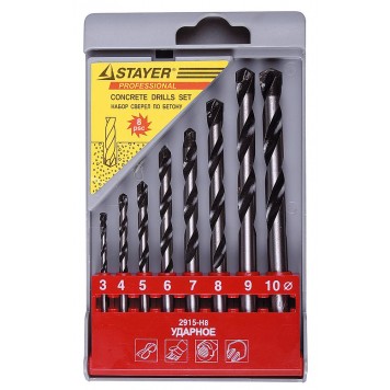 2915-H8 | Набор: Свёрла по бетону, ударные 3, 4, 5, 6, 7, 8, 9, 10мм, 8 предметов, STAYER PROFI-0