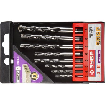 2916-H8_z01 | Набор Свёрла по бетону, ударные, с шестигранным хвостовиком, 3; 4; 5; 6; 6; 8; 8; 10мм, 8шт, ЗУБР СУПЕР-6-0