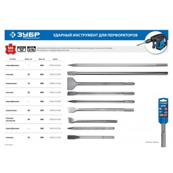 29384-50-400_z01 | SDS-Max Зубило плоское широкое 50 х 400 мм, ЗУБР БУРАН-1