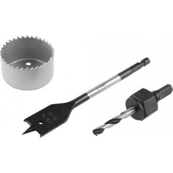 2954-48-H3_z01 | Набор для врезки замков, коронка по дереву 48мм, державка с центр. сверлом, перьевое сверло 22мм, 3 пред, ЗУБР-0