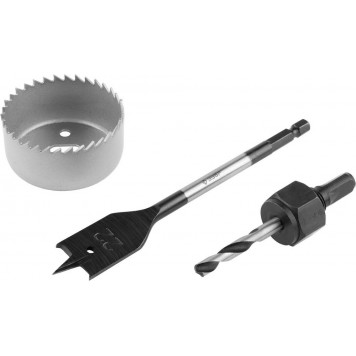 2954-54-H3_z01 | Набор для врезки замков. Коронка по дереву 54мм, державка с центр. сверлом, перьевое сверло 22мм, 3 пред, ЗУБР-0